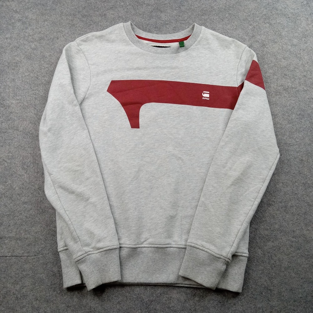 G-Star Raw Sweatshirt Mens‎ Small Gray Red Crewneck Logo Pullover Cotton Fleece